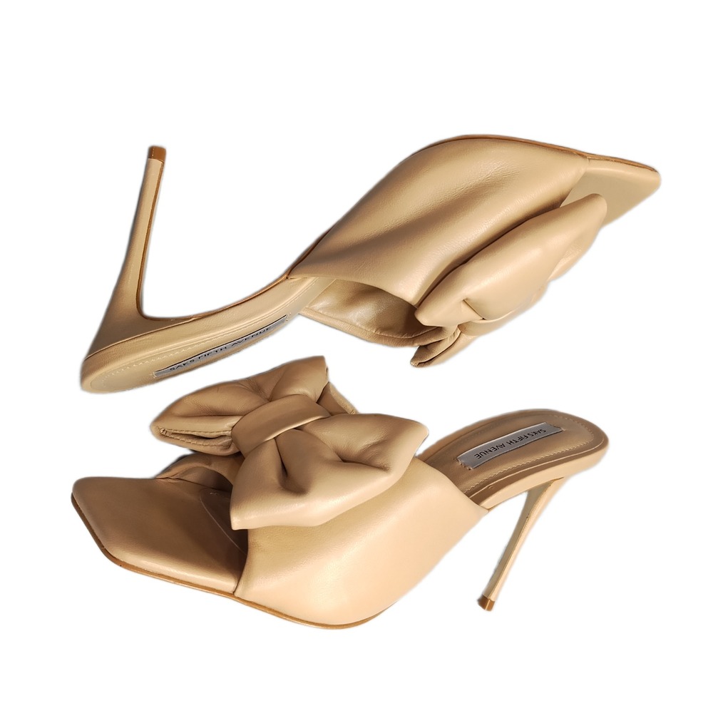 Saks Fifth Avenue Stiletto Heel Sandals Womens Size 9M Tan Bow Detail Open Toe